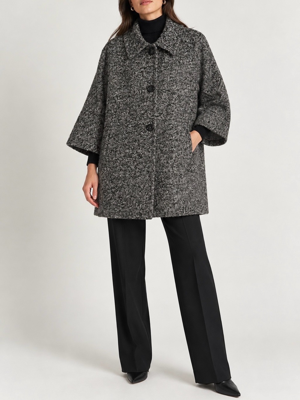 MARELLA Speckled Tweed Wool Blend Coat Size 12 Flare Sleeve Button Front
